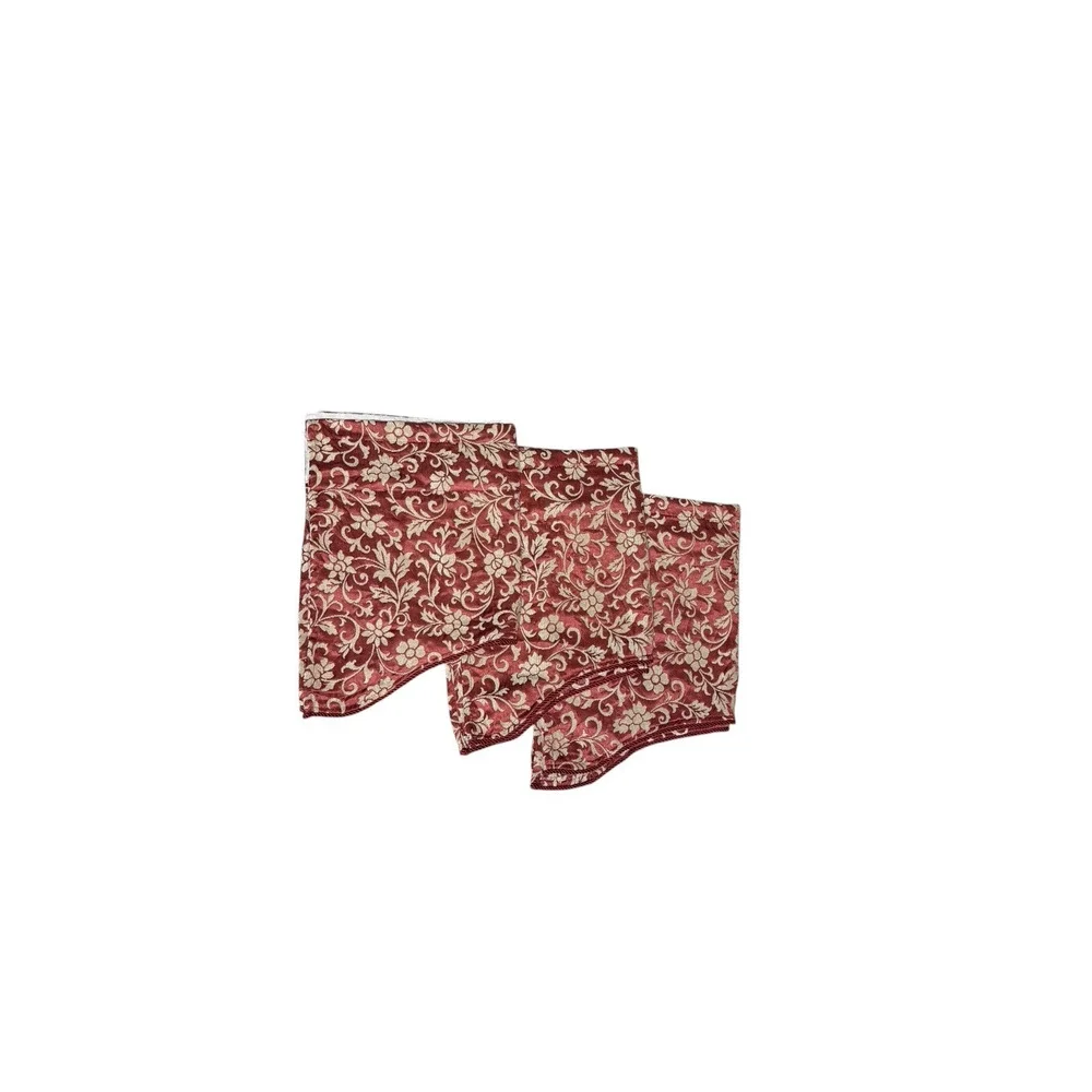 Set of 3 Velvet Jacquard Valances Short Curtains Red Beige Scalloped Floral